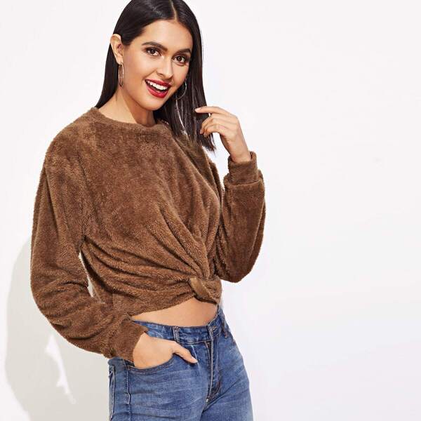 

Twist Hem Solid Teddy Sweatshirt