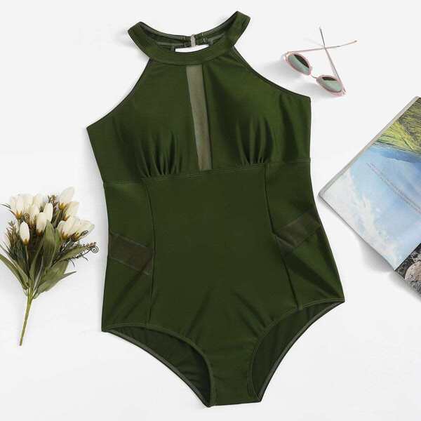 

Plus Cut-out Contrast Mesh One Piece Swimsuit, Army green