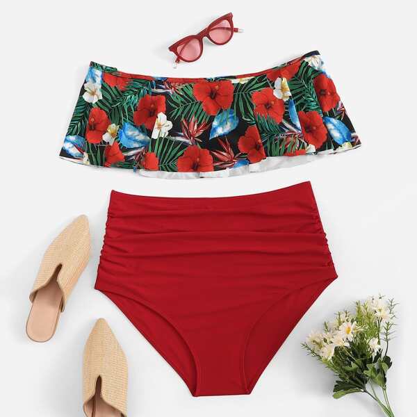 

Plus Floral Flounce Top With High Waist Bikini, Multicolor
