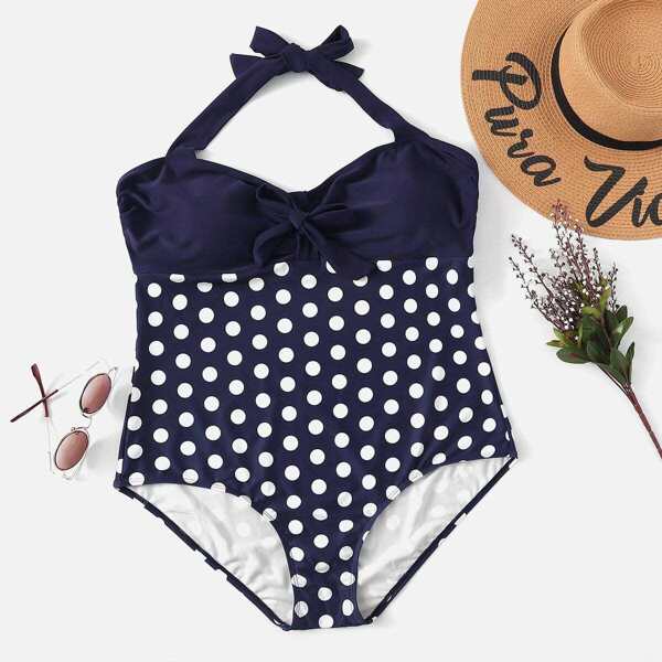 

Plus Polka Dot Bow Tie Front One Piece Swimsuit