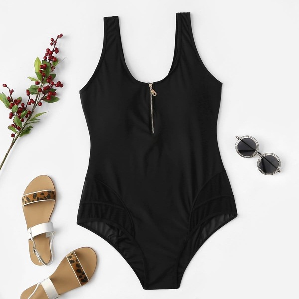 

Plus Zipper Decorated Mesh Panel One Piece Swimsuit, Black
