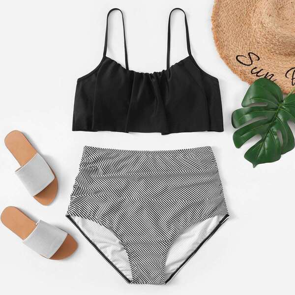 

Plus Flounce Top With Striped Ruched Bikini Set, Black and white