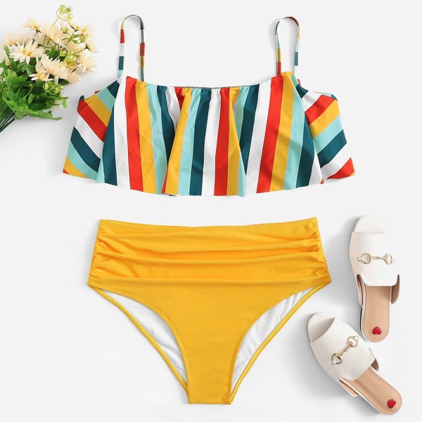 

Plus Striped Flounce Top With Ruched Bikini, Multicolor