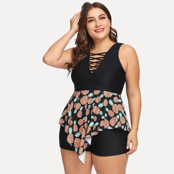 

Plus Pineapple Print Lattice Asymmetrical Tankini Set, Black