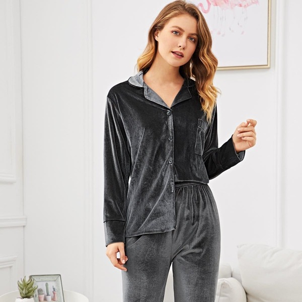 

Button Front Velvet Pajama Set