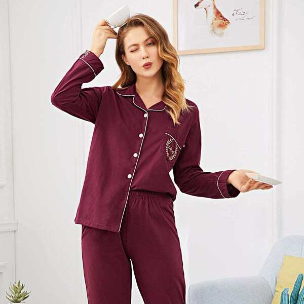 

Contrast Binding Letter Embroidered Pajama Set, Burgundy