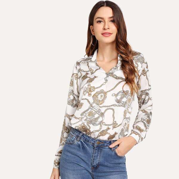 

Chain Print Curved Hem Blouse