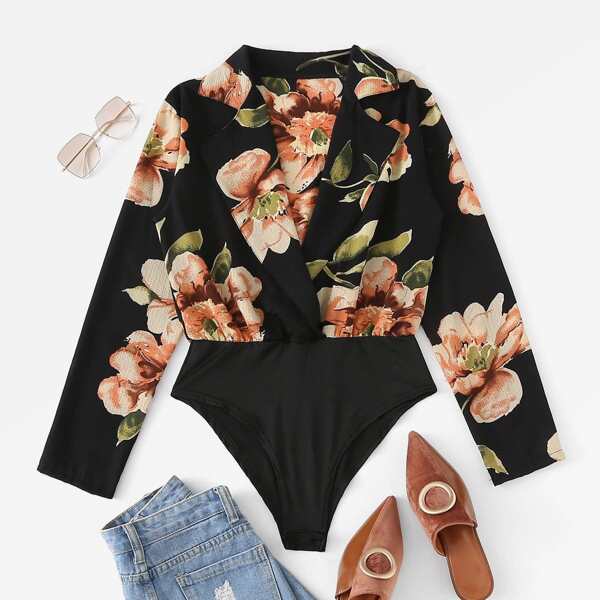 

Plus Floral Print V-neck Bodysuit, Black