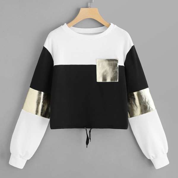 

Drawstring Detail Color-block Sweatshirt
