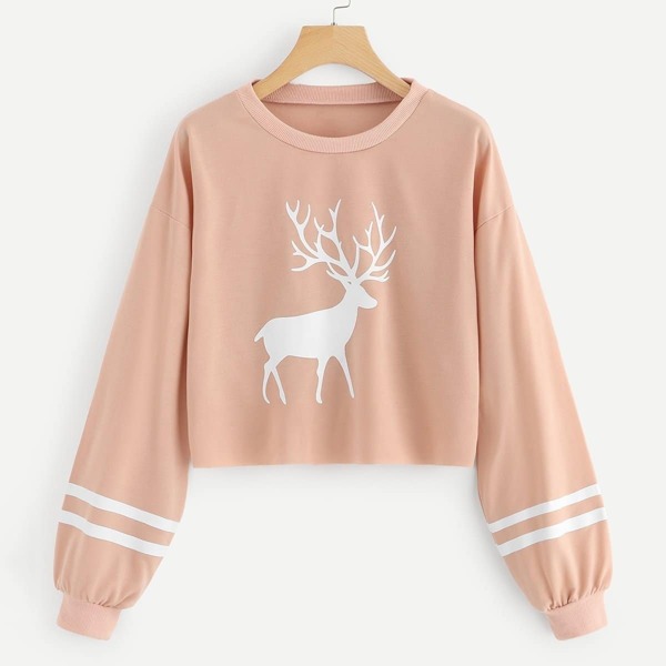 

Christmas Print Varsity Striped Crop Sweatshirt