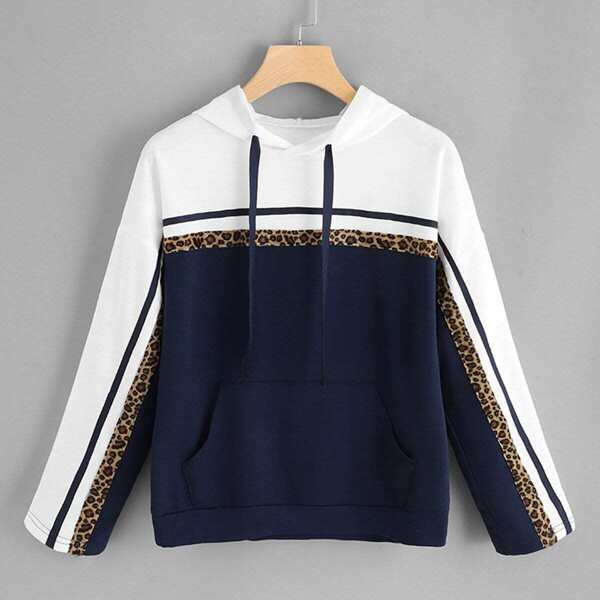 

Contrast Leopard Print Drawstring Hoodie
