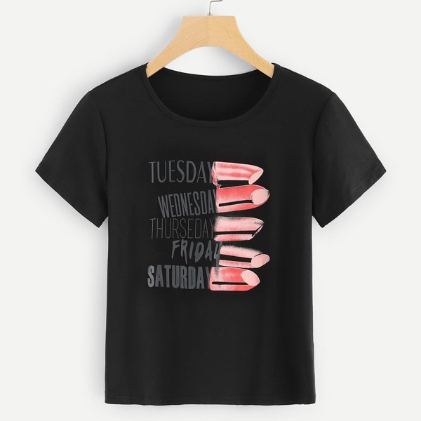 

Plus Letter And Lipstick Print Tee, Black
