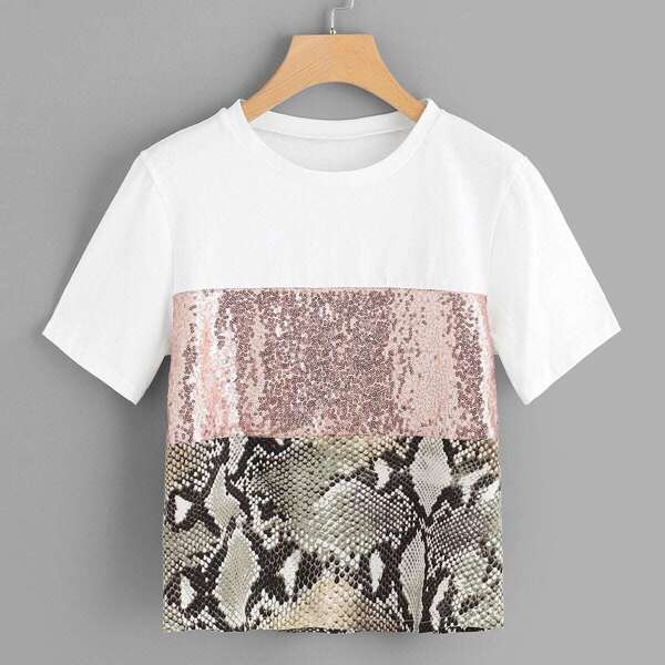 

Contrast Sequin Panel Tee, Multicolor