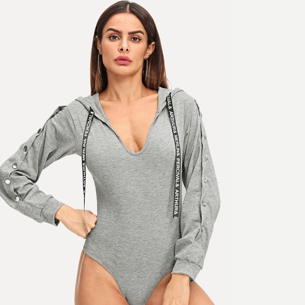 

Drawstring Detail Hooded Bodysuit, Grey