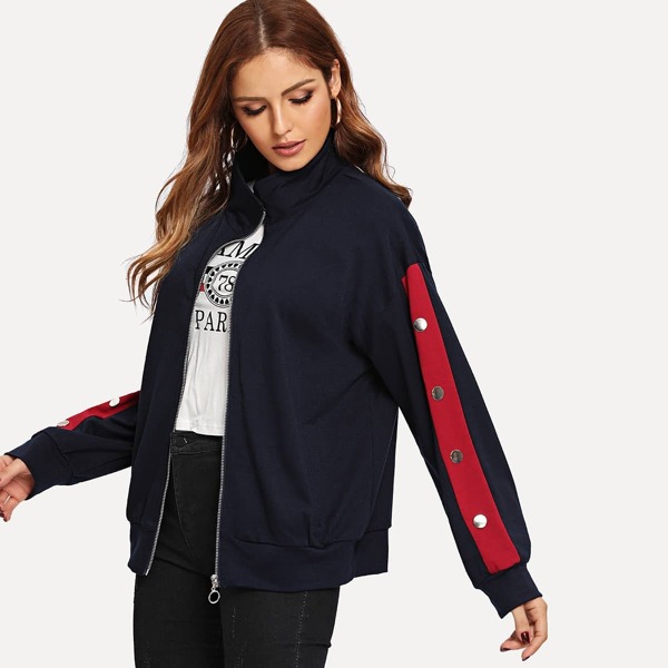 

zip-up Button Decoration Side Drop Shoulder Jacket