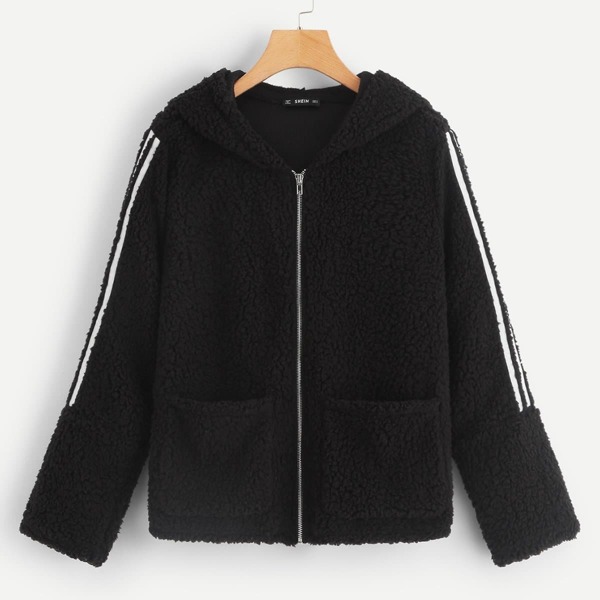 

Pocket Front Striped Sleeve Teddy Jacket