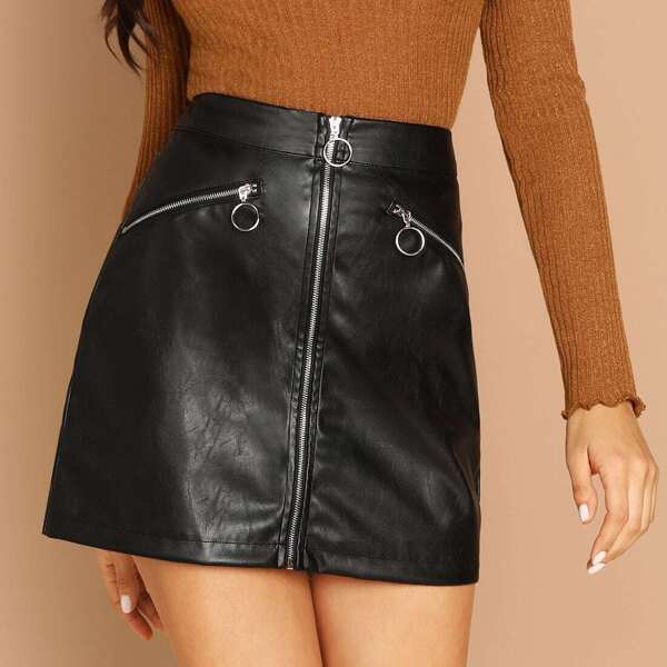 

O-ring Zip Detail Leather Look Skirt