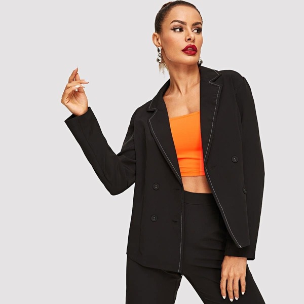 

Contrast Tipping Notched Collar Blazer, Black