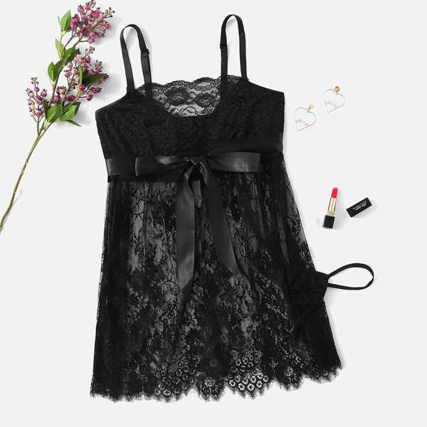 

Plus Eyelash Lace Slips With Thong, Black