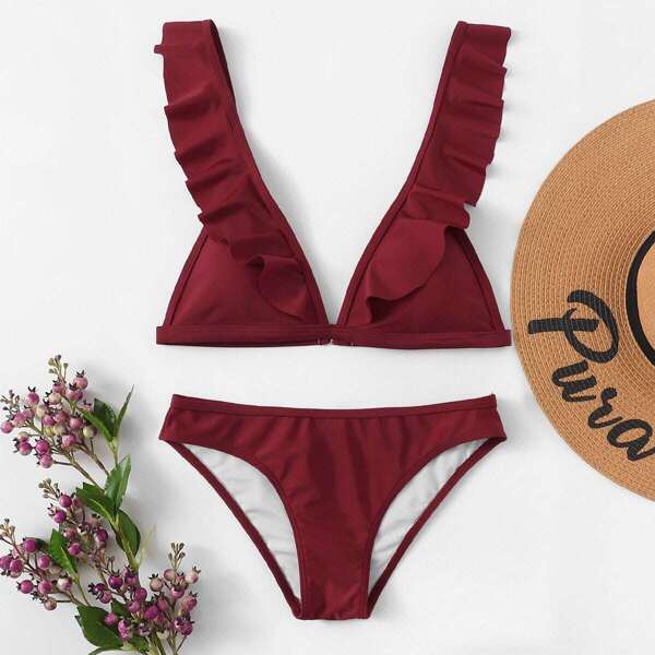 

Ruffle Strap Triangle Bikini Set, Burgundy