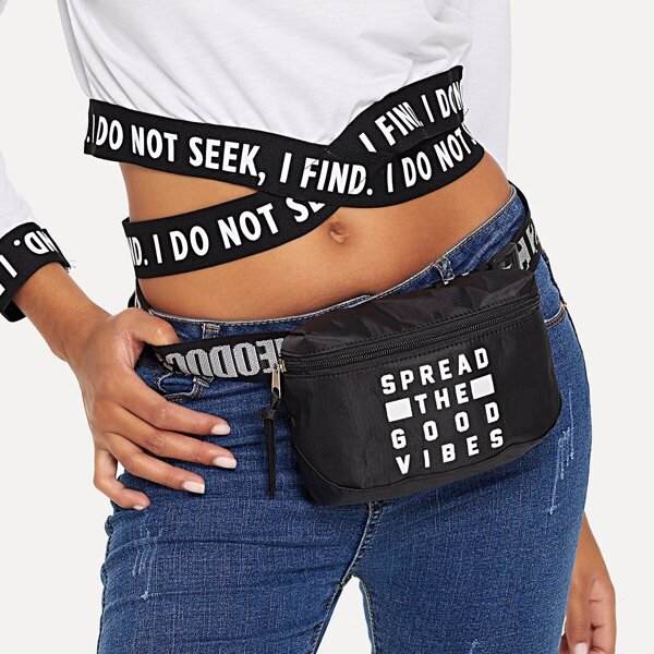 

Slogan Print Fanny Pack, Black