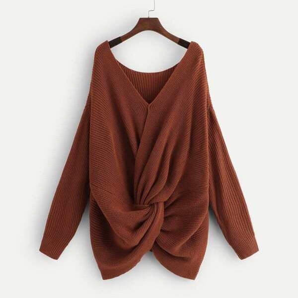 

Plus Drop Shoulder Solid Twist Sweater