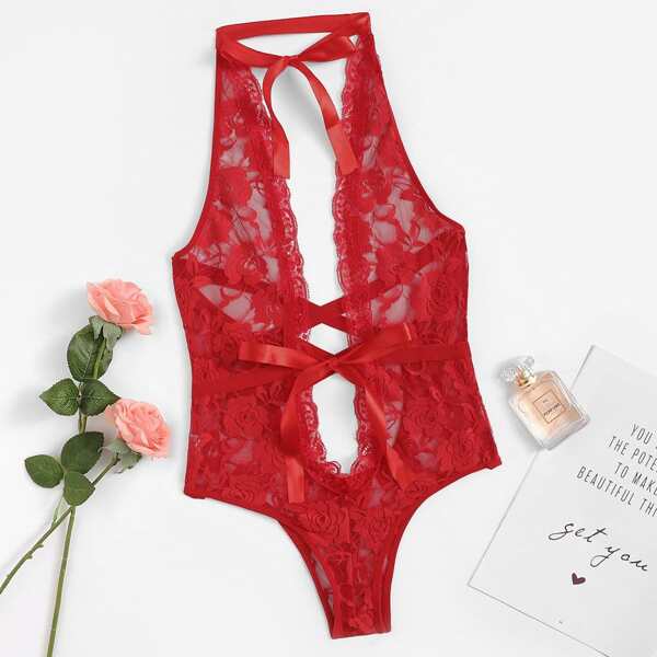 

Criss Cross Plunging Scalloped Trim Teddy Bodysuit, Red