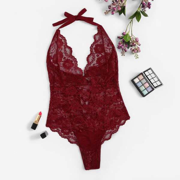 

Floral Lace Teddy Bodysuit, Burgundy