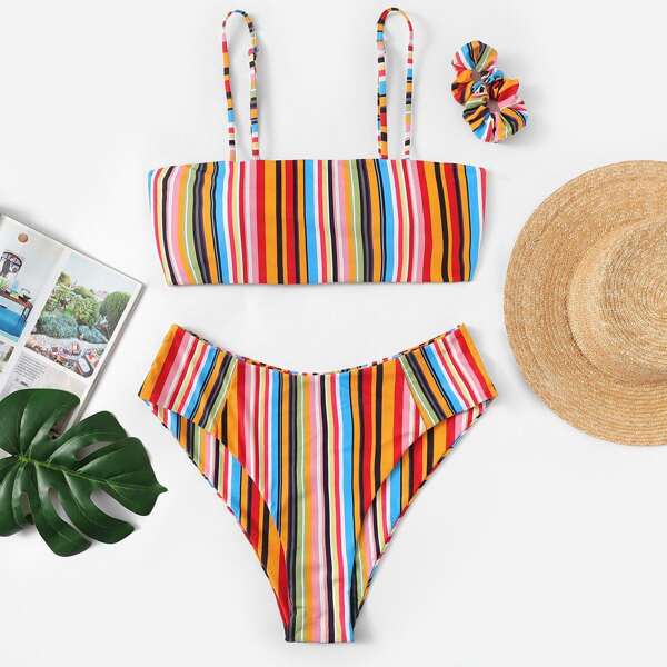 

Plus Striped High Cut Bikini With Hair Tie, Multicolor