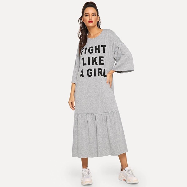 

Ruffle Hem Letter Print Dress, Grey