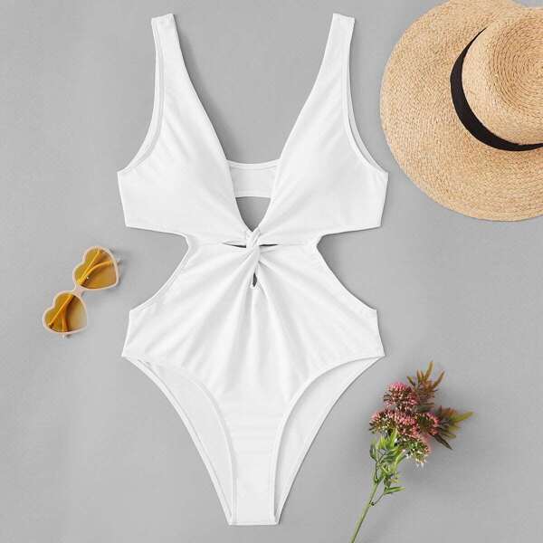 

Twist Front Cut-out One Piece Swimsuit, White