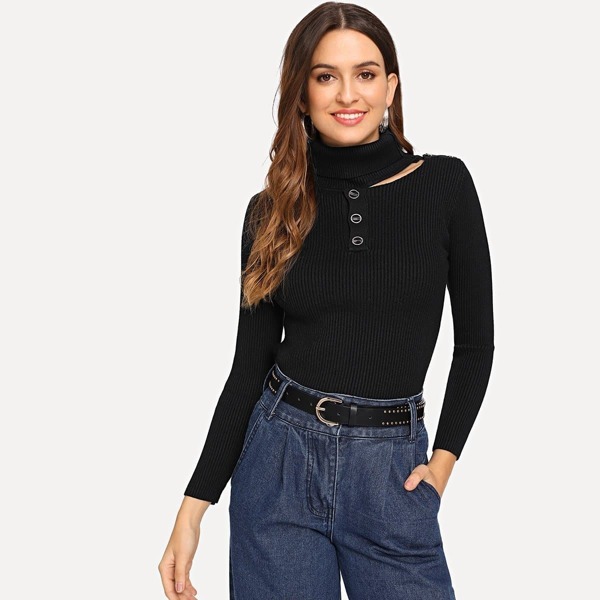 

Cut-Out High Neck Button Detail Sweater, Black