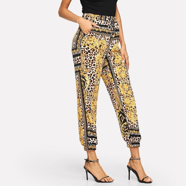 

Waist Drawstring Pocket Scarf Print Pants