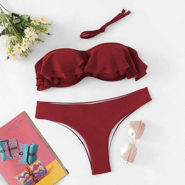 

Ruffle Bandeau With High Leg Bikini Set, Burgundy