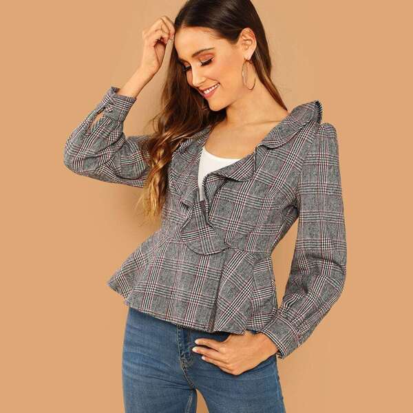 

Ruffle Detail V-Neck Plaid Blazer