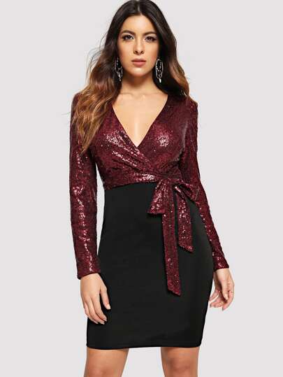 Women S Las Fashion Dresses Online Sequin Bodice Two Tone Wrap Dress