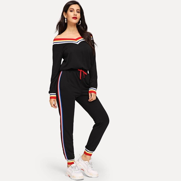 

Contrast Striped Trim Drawstring Waist Jumpsuit, Black