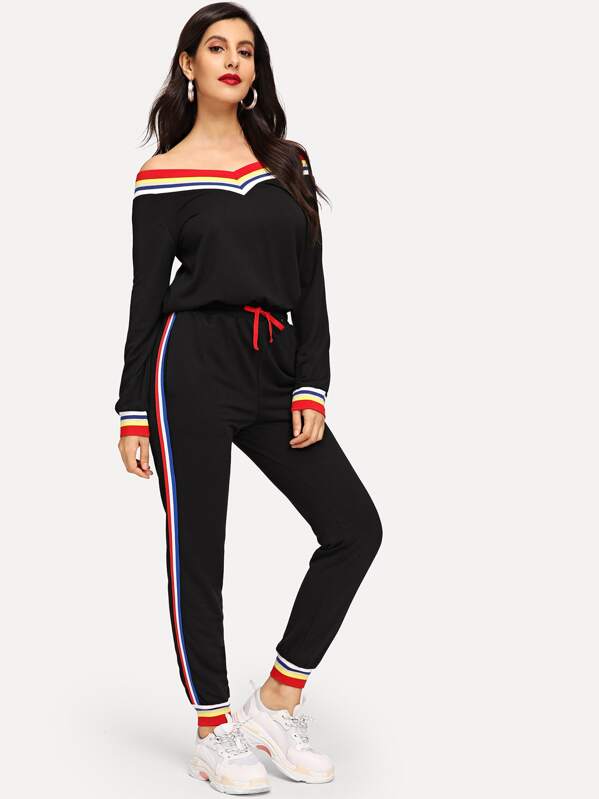 

Contrast Striped Trim Drawstring Waist Jumpsuit, Black, Jeane