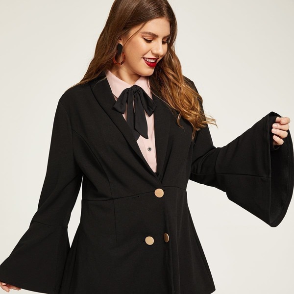 

Plus Shawl Collar Flounce Sleeve Coat, Black