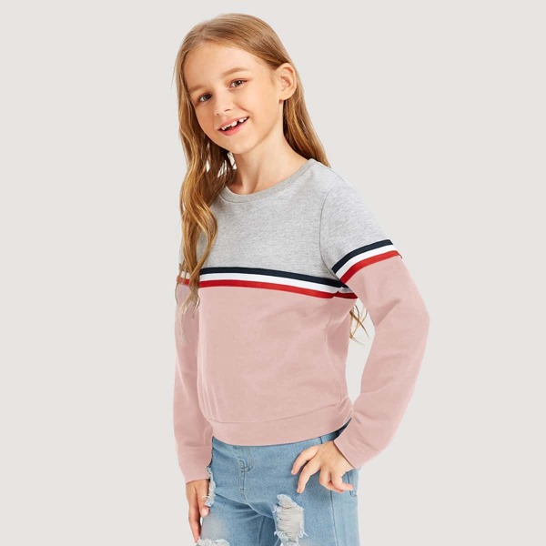 

Girls Striped Tape Detail Cut-and-sew Sweatshirt