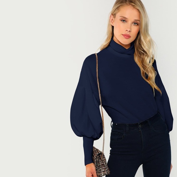 

Mock Neck Mutton Sleeve Solid Pullover