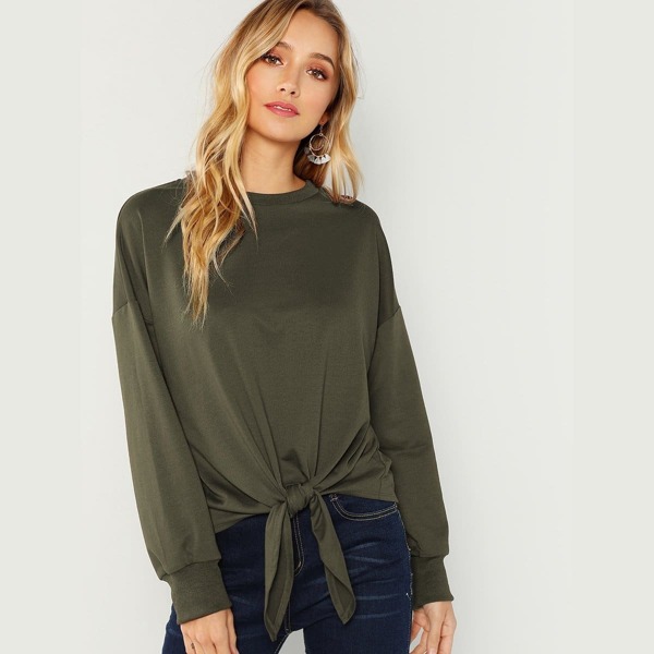 

Drop Shoulder Knot Front Solid Pullover