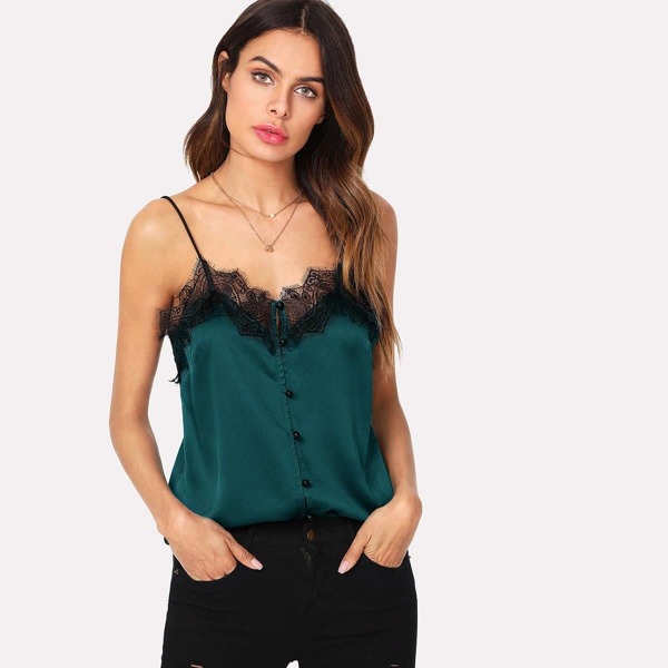 

Button Front Contrast Lace Cami Top