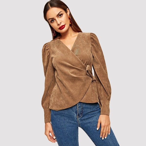 

Puff Sleeve Side Tie Wrap Corduroy Blouse, Camel