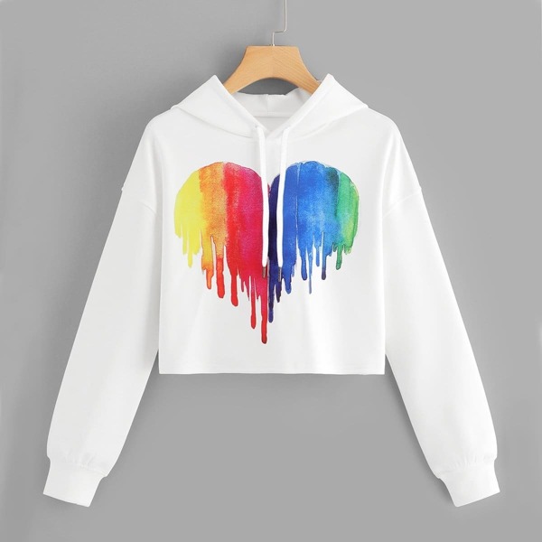 

Drawstring Hoodie Heart Print Sweatshirt