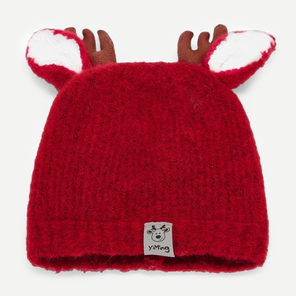 

Christmas Kids Elk Antlers Decorated Beanie Hat, Red