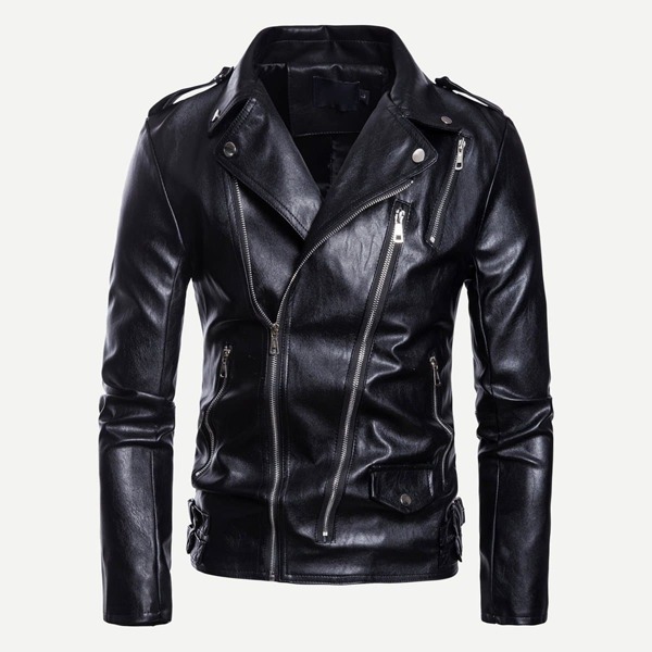

Men Oblique Zipper Solid PU Biker, Black