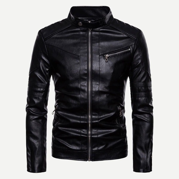 

Men Stand Collar Zipper Detail Solid PU Biker