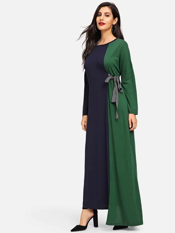 

Colorblock Knot Asymmetric Hem Drop Shoulder Dress, Multicolor, Jeane