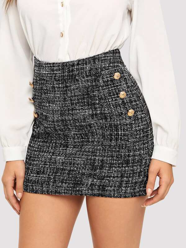

Button Detail Frayed Edge Tweed Skirt, Grey, DANI A